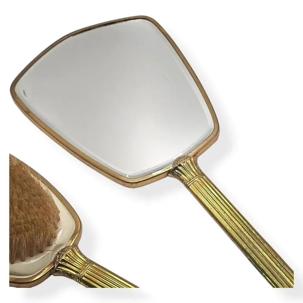 Vtg Vanity Set‎ Hand Mirror And Brush Floral Gold